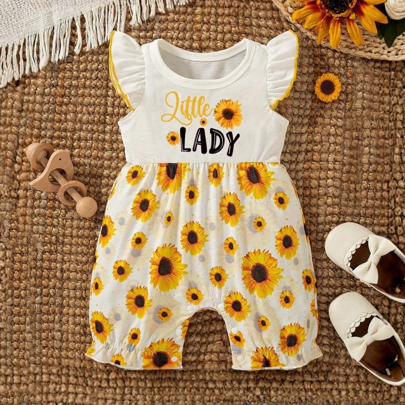 Lovely Little Lady Letter Sunflower Print Flutter Sleeve Baby Jumpsuit