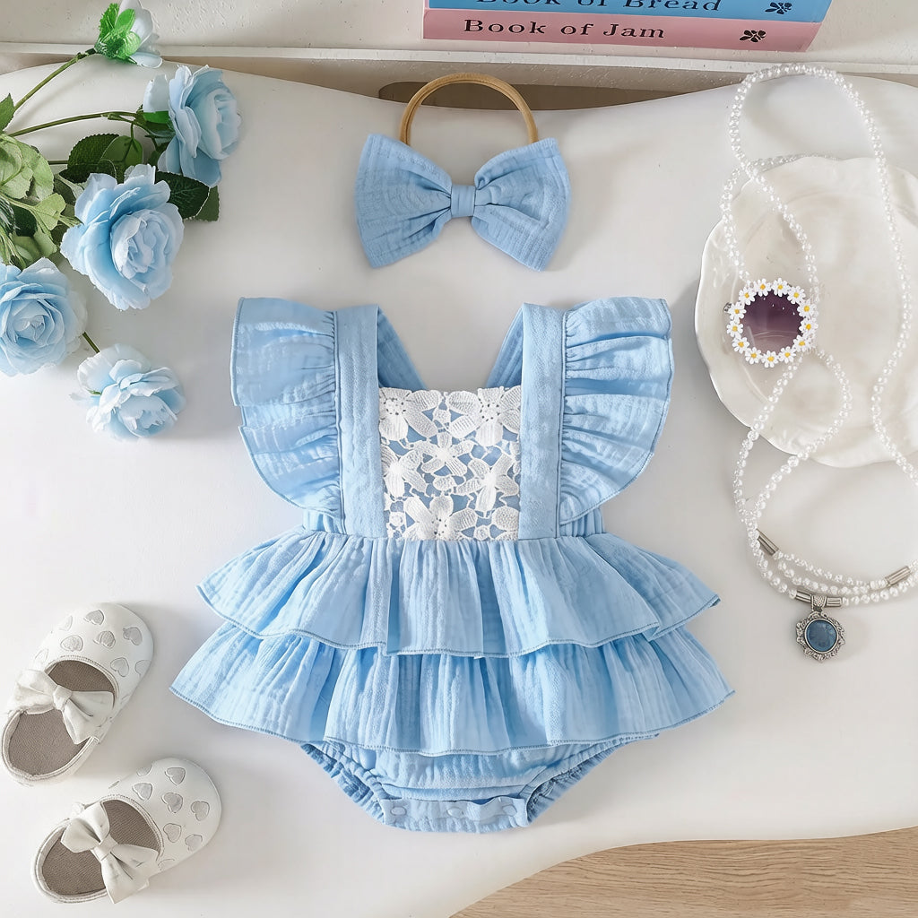 2PCS Sweet Hollow-out Floral Lace Flutter Sleeve Baby Romper