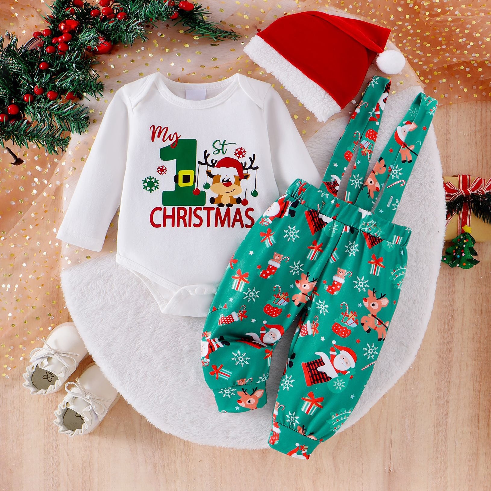 3PCS My 1st Christmas Letter and Elk Printed Overalls Baby Set