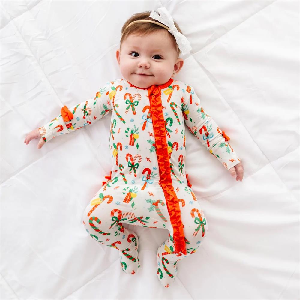 Candy Canes Print Ruffle Long Sleeve Baby Jumpsuit