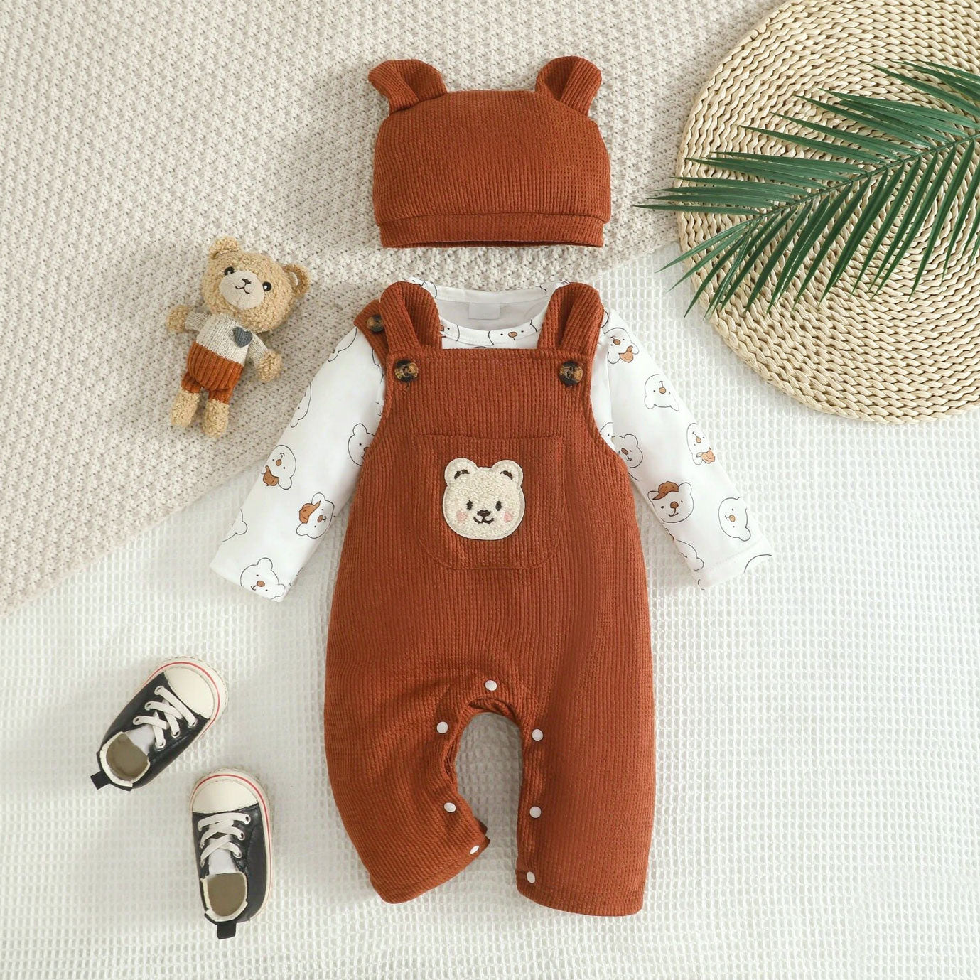 3PCS Cute All-Over Bear Printed Long Sleeve Baby Overalls Set