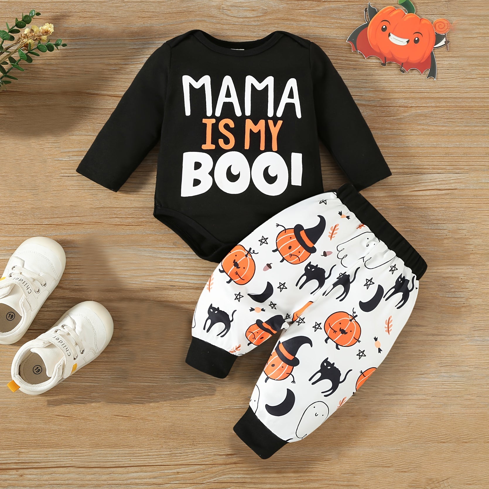 2PCS Mama Is My Bool Letter Pumpkin Printed Long Sleeve Baby Set