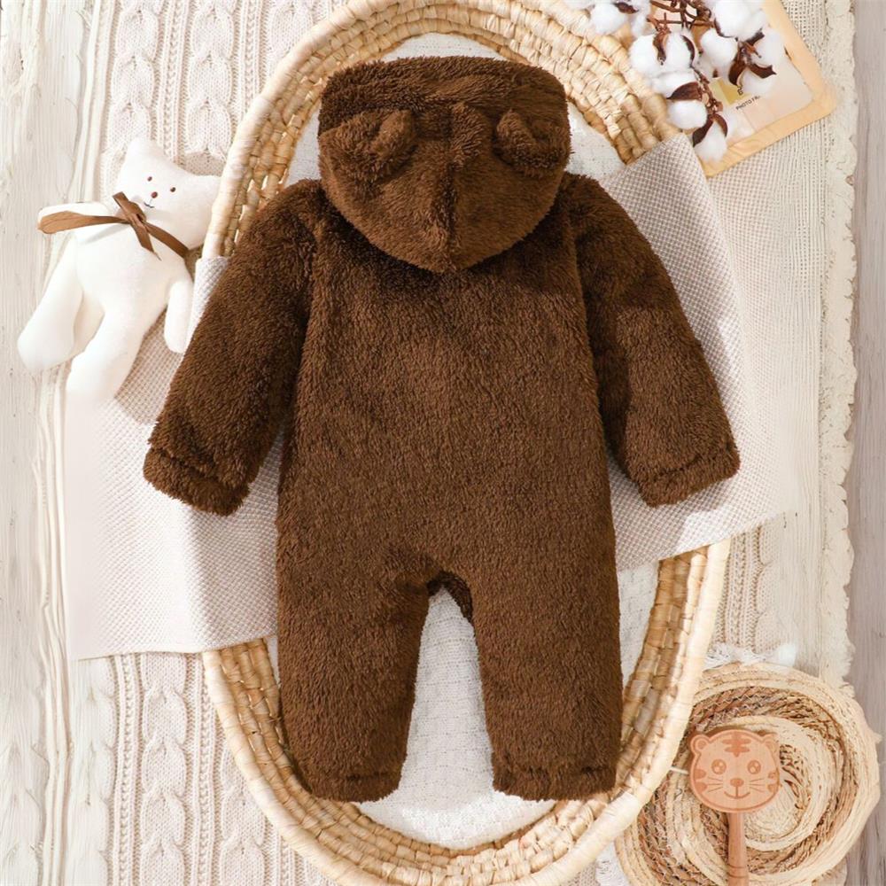 Casual Solid Color Fluffy Hoodie Long Sleeve Baby Jumpsuit