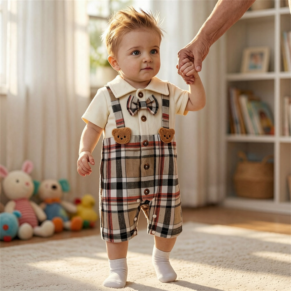 Adorable Bear Appliqué Plaid Print Short Sleeve Baby Jumpsuit