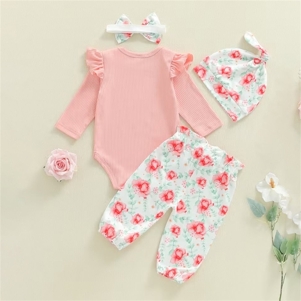 4PCS Daddy's Girl Letter Floral Printed Long Sleeve Baby Set