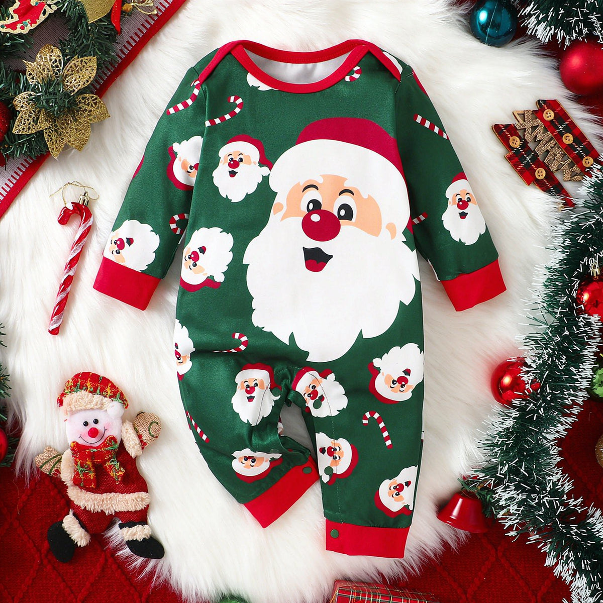 Cute Santa Claus and Candy Cane Print Long Sleeve Baby Jumpsuit