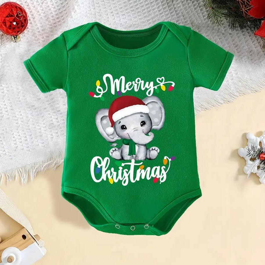 Merry Christmas Letter Elephant Printed Short Sleeve Baby Romper