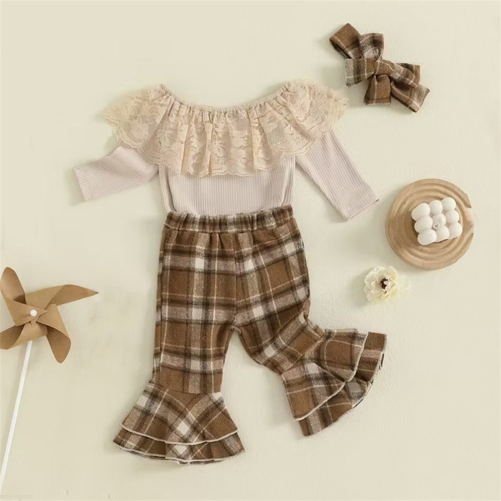 3PCS Stylish Plaid Print Lace Trim Long Sleeve Baby Set