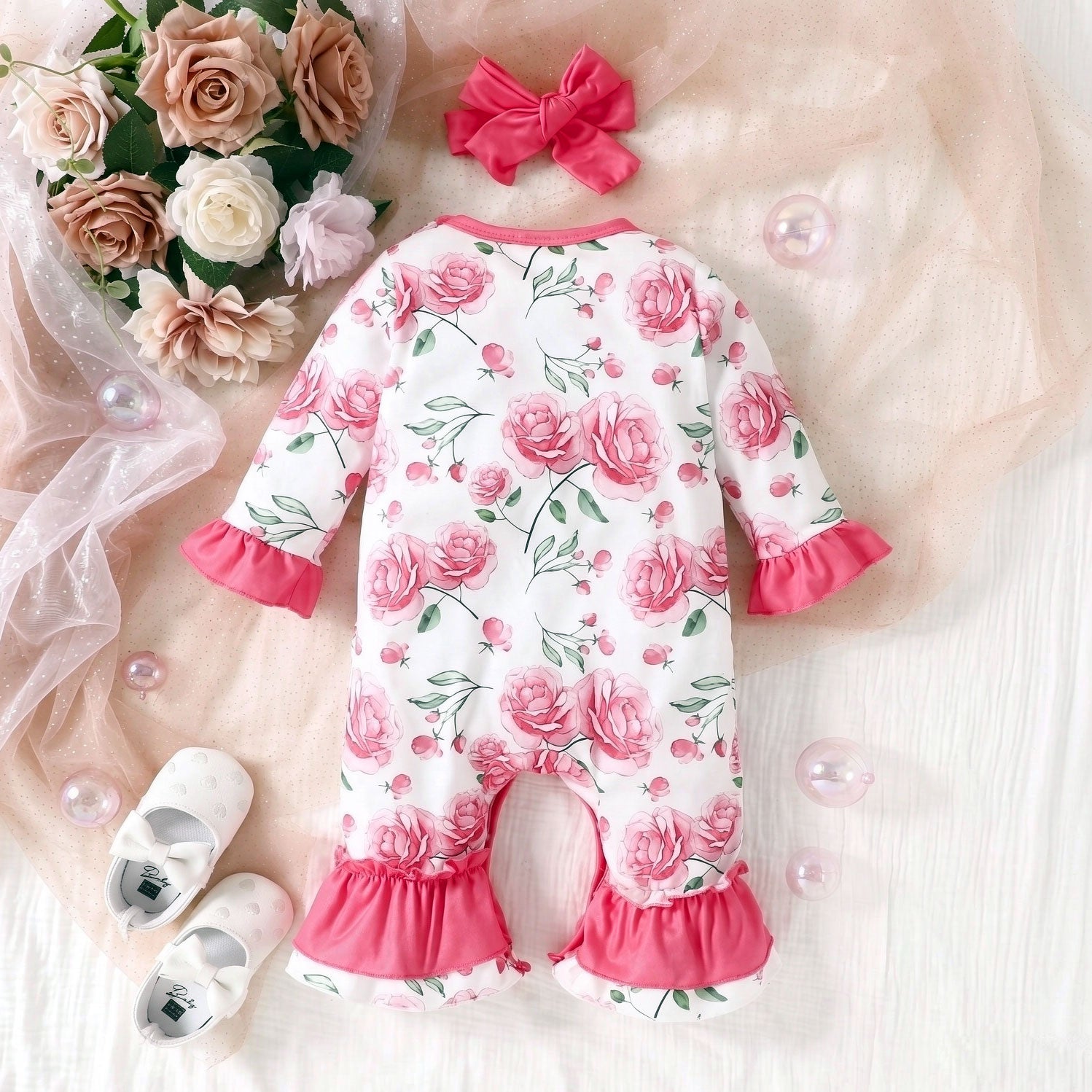 2PCS Pretty Allover Floral Printed Long Sleeve Baby Jumpsuit