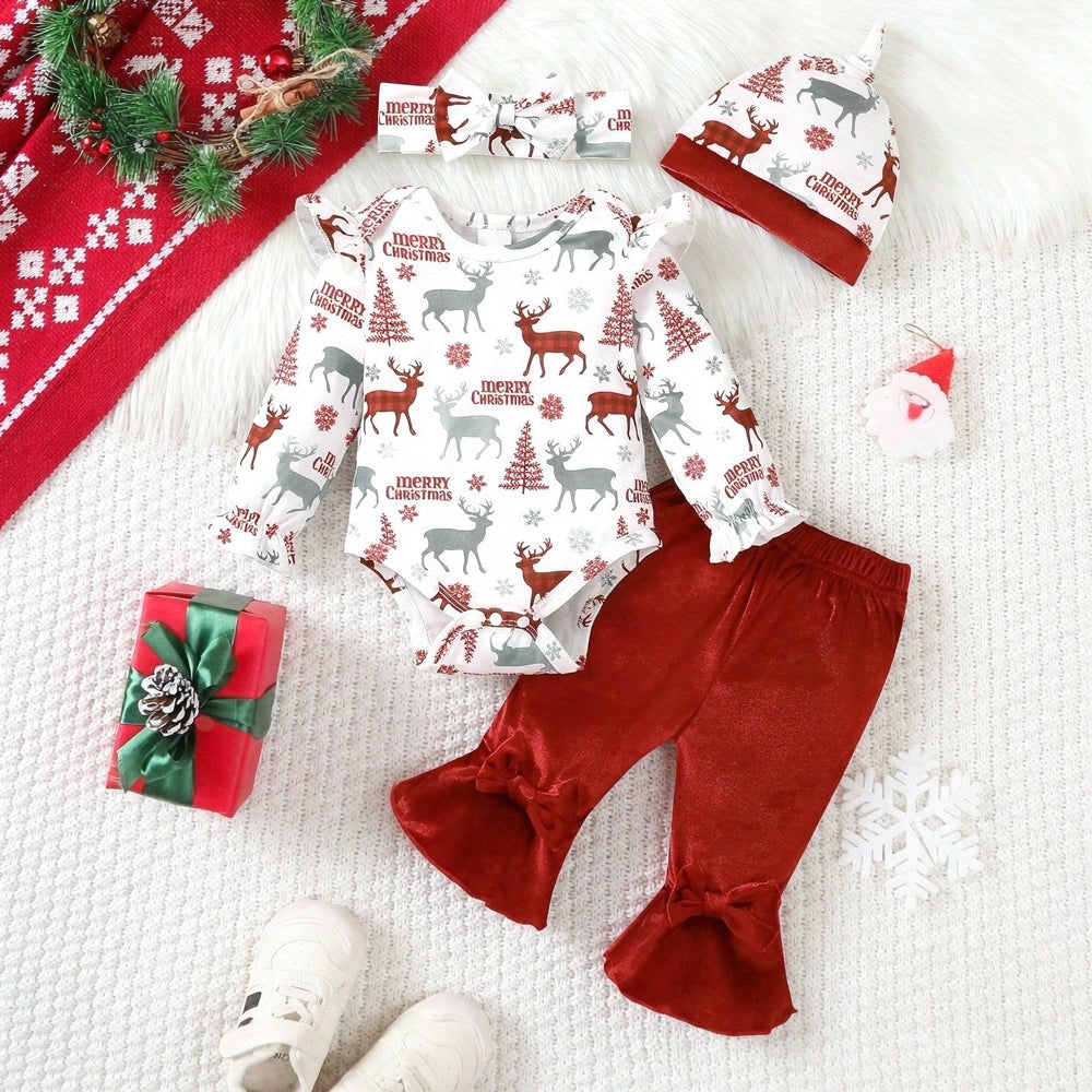 4PCS Sweet Merry Christmas Letter Reindeer Print Long Sleeve Baby Girl Velvet Set
