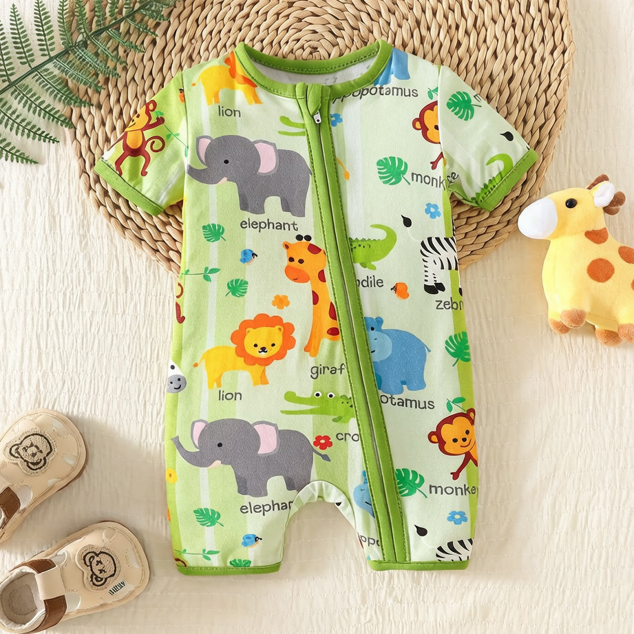 Casual Animal Print Short Sleeve Zipper Baby Jumpsuit