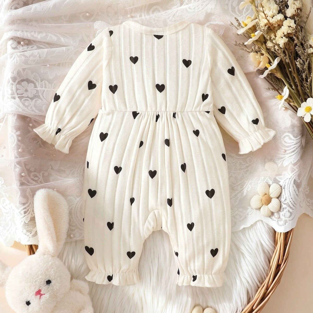 Elegant Heart Print Lace Trim Long Sleeve Baby Girl Jumpsuit