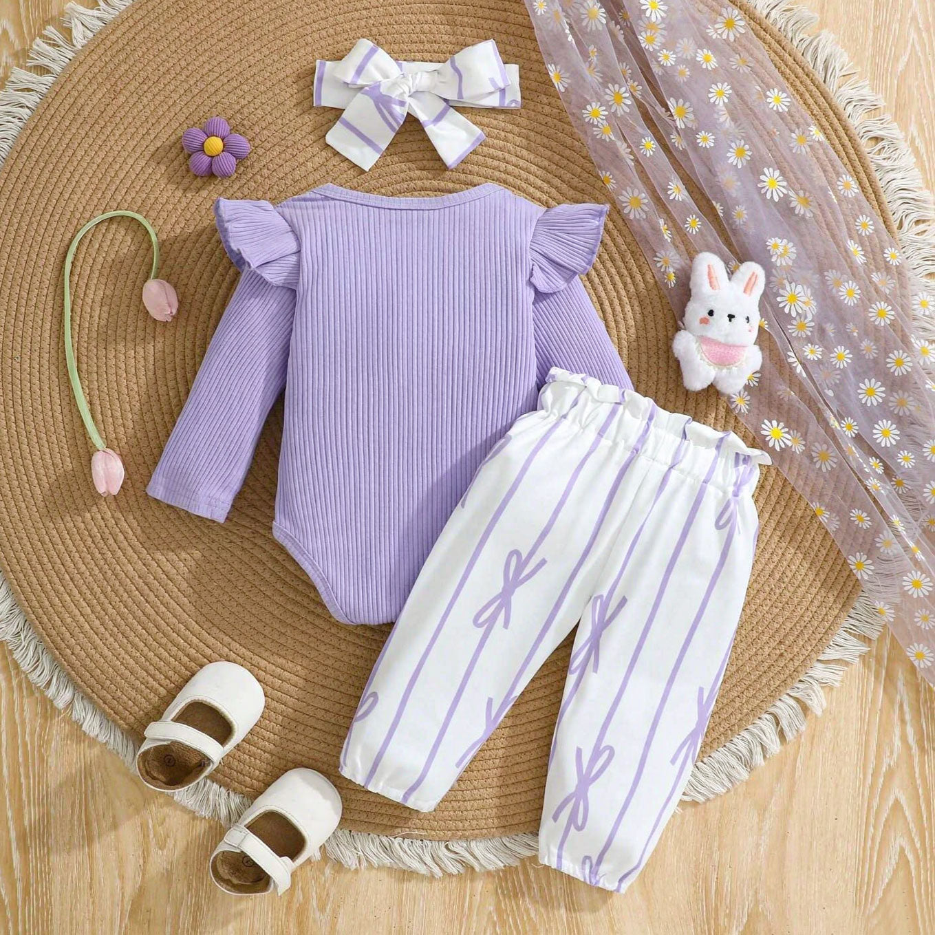 3PCS Dreamy Bow and Stripe Printed Long Sleeve Baby Set