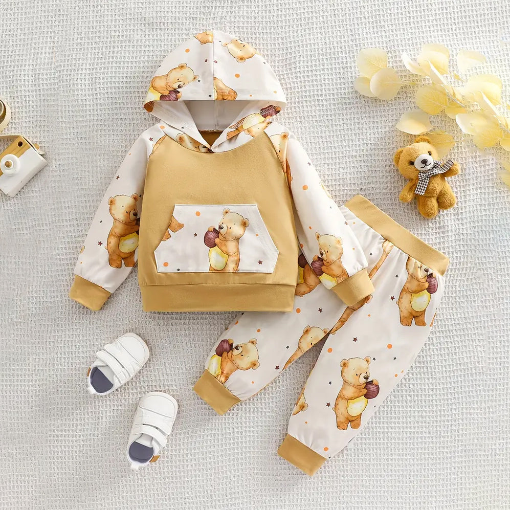 2PCS Cartoon Bear Honey Pattern Raglan Sleeve Hoodie Baby Set