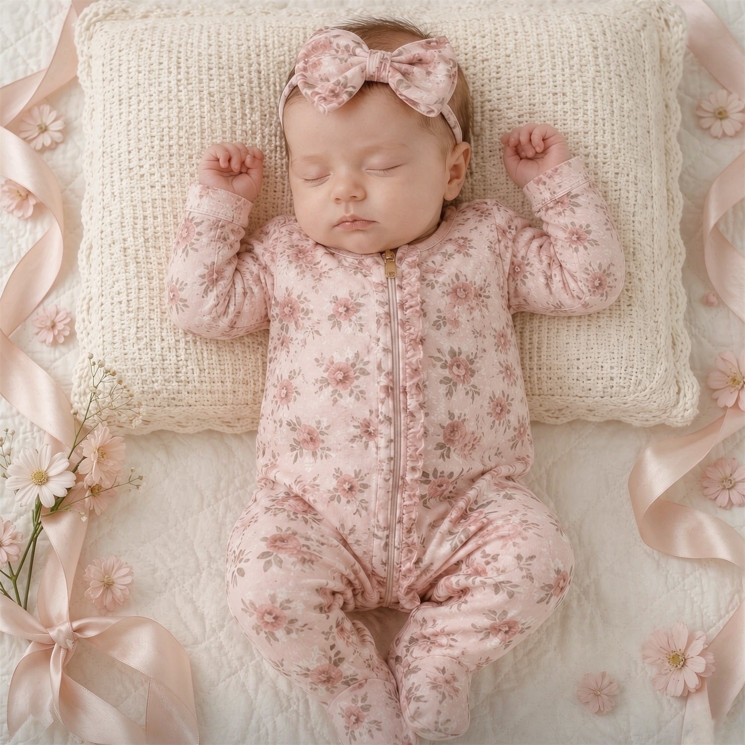 2PCS Gorgeous Allover Floral Printed Ruffle Zipper Baby Girl Jumpsuit