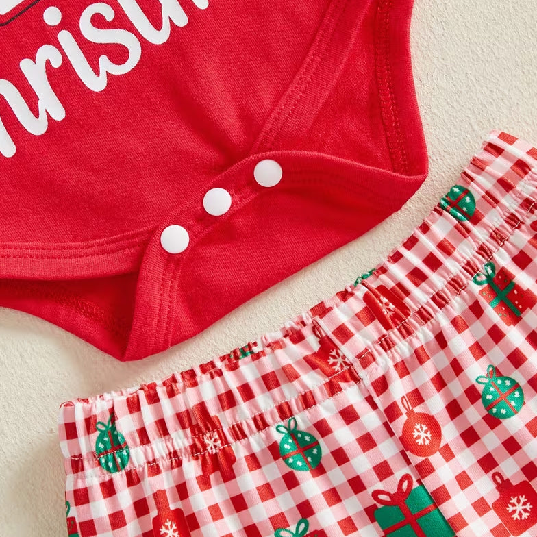 3PCS Sweet My 1st Christmas Letter Plaid Printed Long Sleeve Baby Set