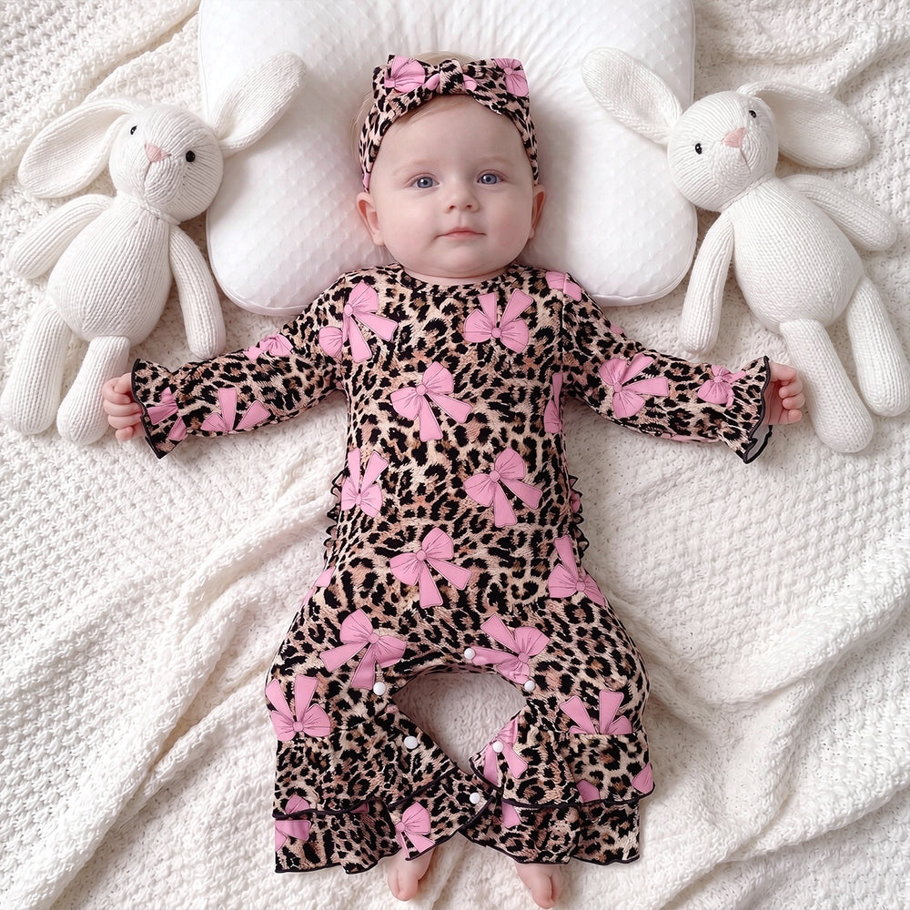 3PCS Chic Bow Leopard Print Long Sleeve Baby Girl Jumpsuit