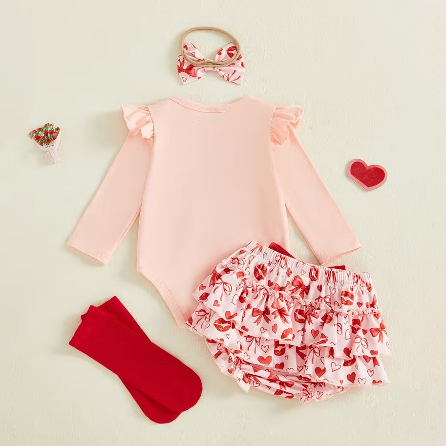 4PCS My 1st Valentine's Day Letter Heart Print Baby Set
