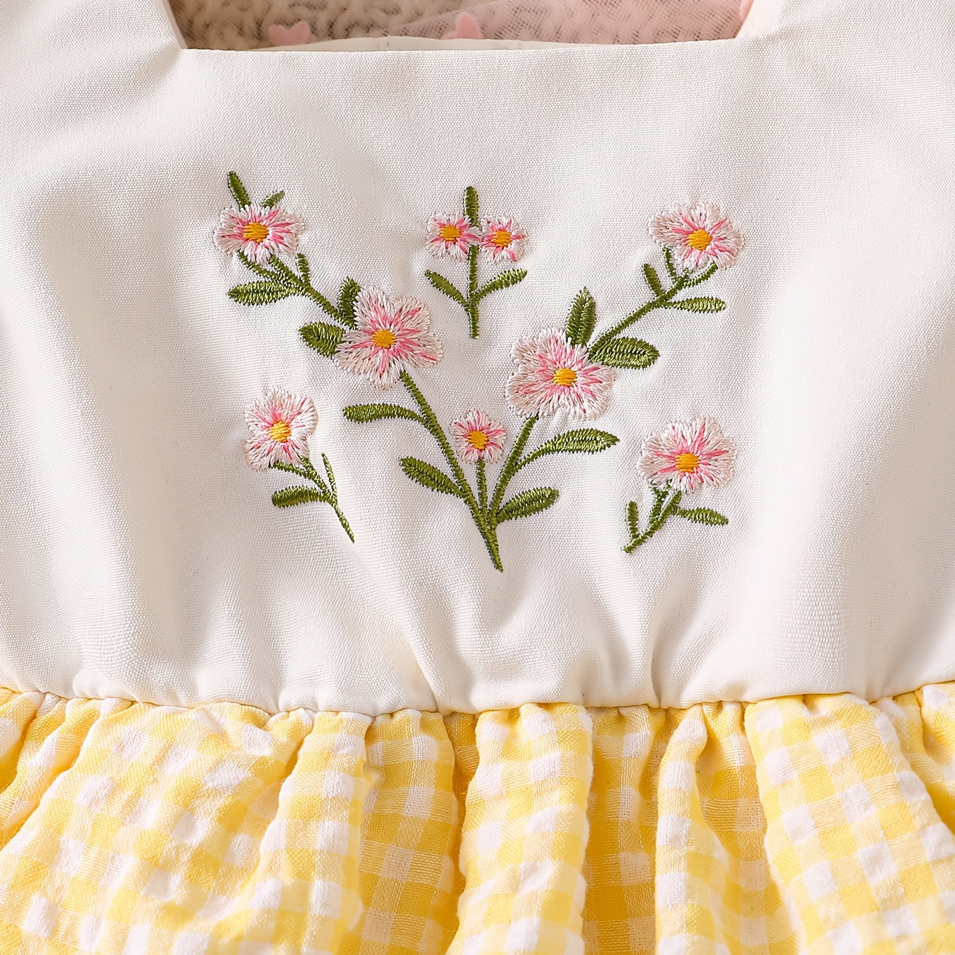 2PCS Floral Embroidery Plaid Print Short Sleeve Baby Romper