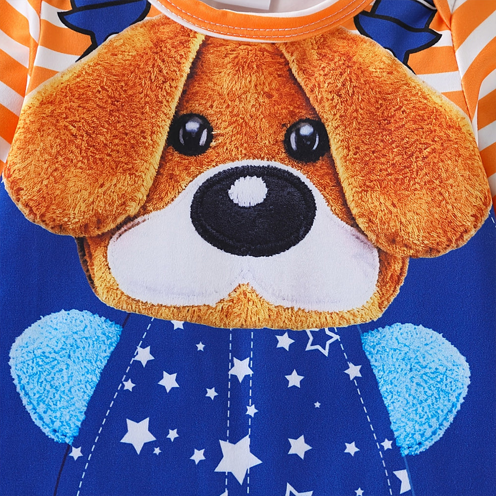 Lovely Cartoon Pet Puppy & Stripe Print Long Sleeve Baby Jumpsuit