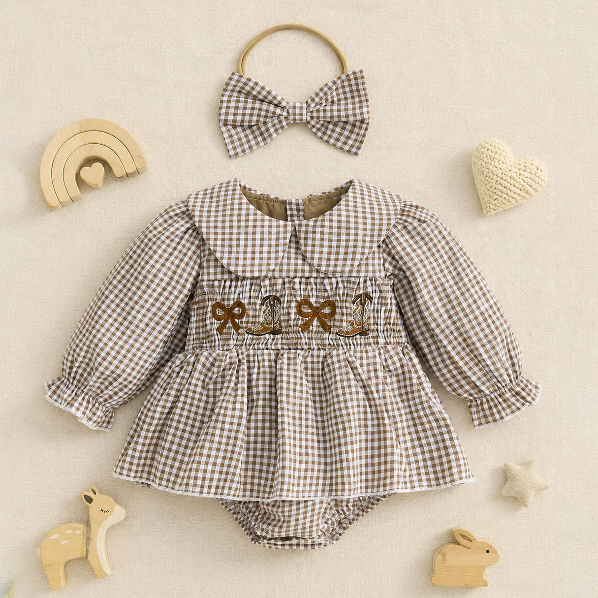 2PCS Lovely Plaid Printed Bow Embroidery Baby Romper