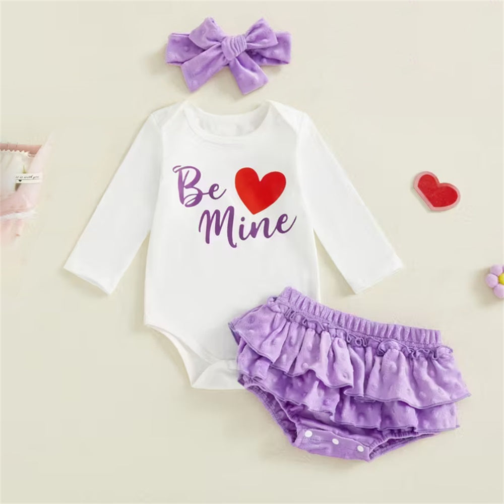 3PCS Be Mine Letter Heart Print Long Sleeve Baby Set