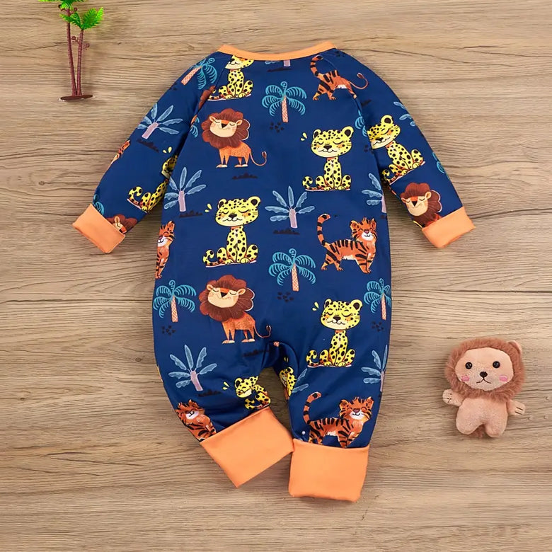 Cute Cartoon Lion and Tiger Printed Long Sleeve Zipper Baby Jumpsuit