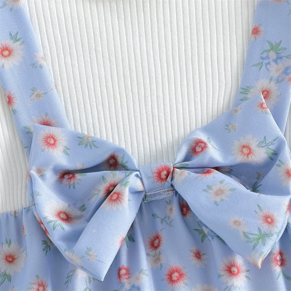 2PCS Adorable Floral Printed Bow Short Sleeve Baby Jumpsuit