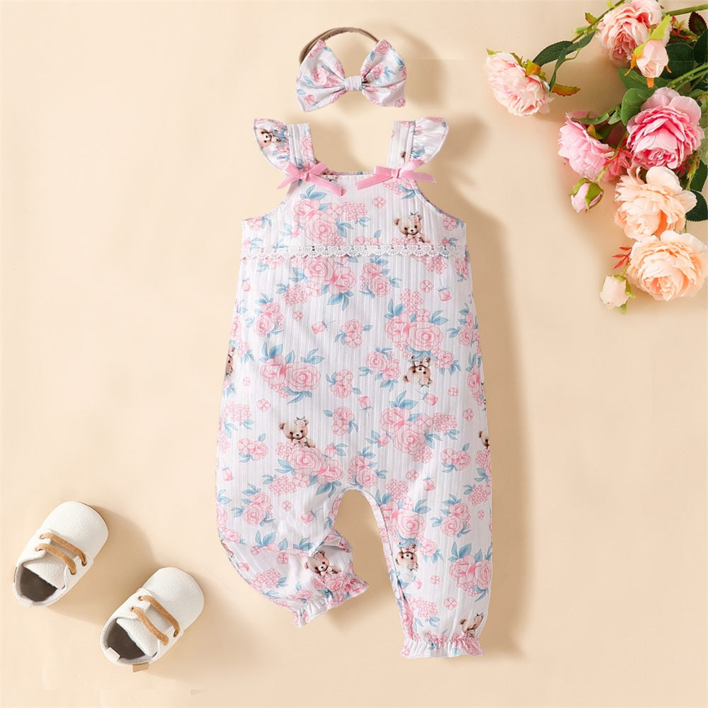 2PCS Floral and Bear Printed Sleeveless Baby Jumpsuit