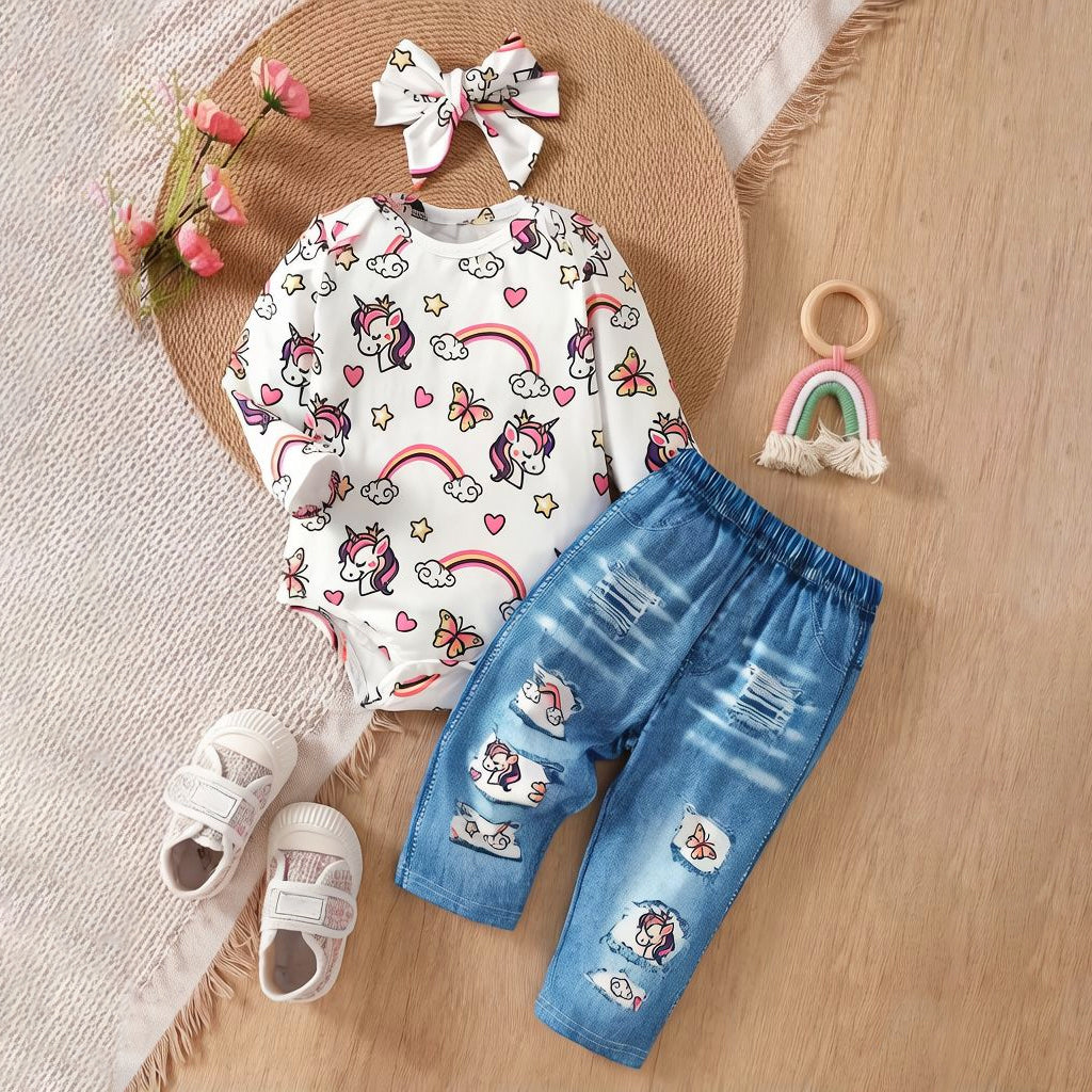 3PCS Unicorn & Rainbow Print Long Sleeve Baby Girl Set
