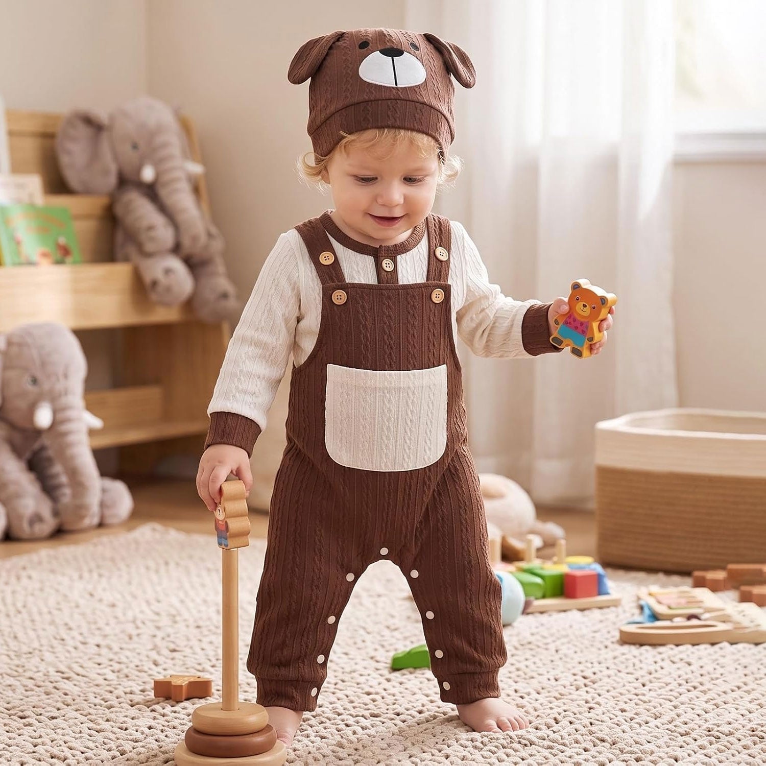 3PCS Adorable Bear Print Long Sleeve Baby Overalls Set