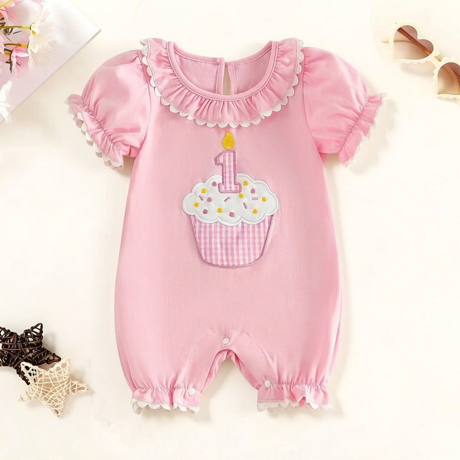Sweet Cake Embroidery Short Sleeve Baby Jumpsuit