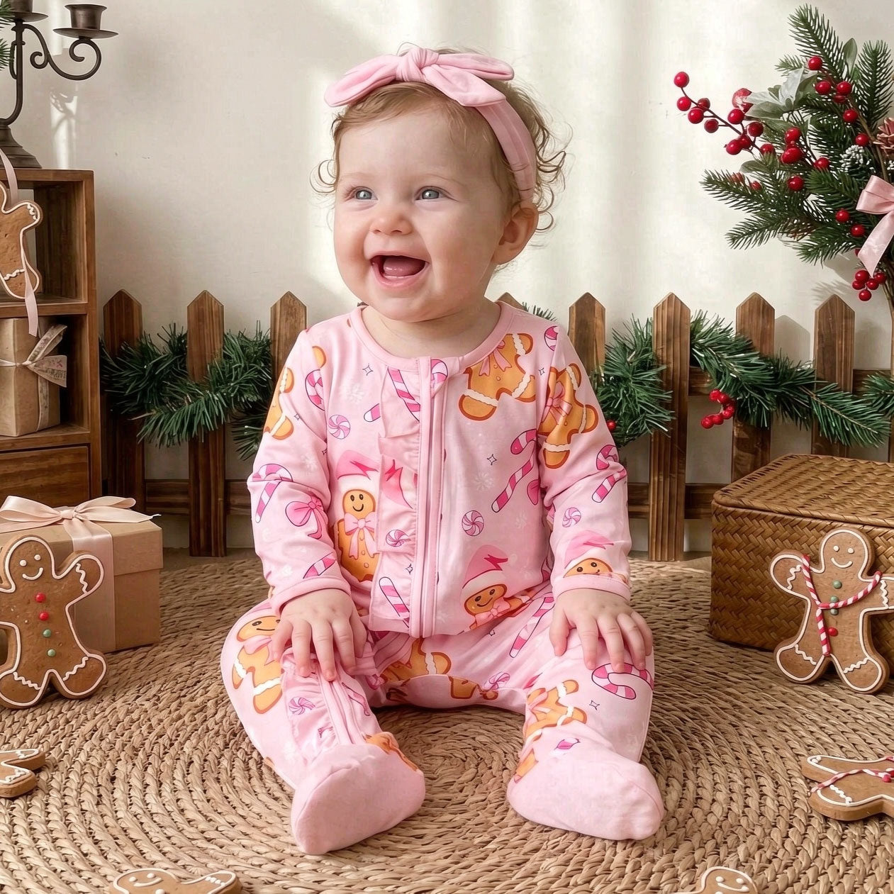 2PCS Christmas Gingerbread Print Long Sleeve Ruffle Zipper Baby Jumpsuit