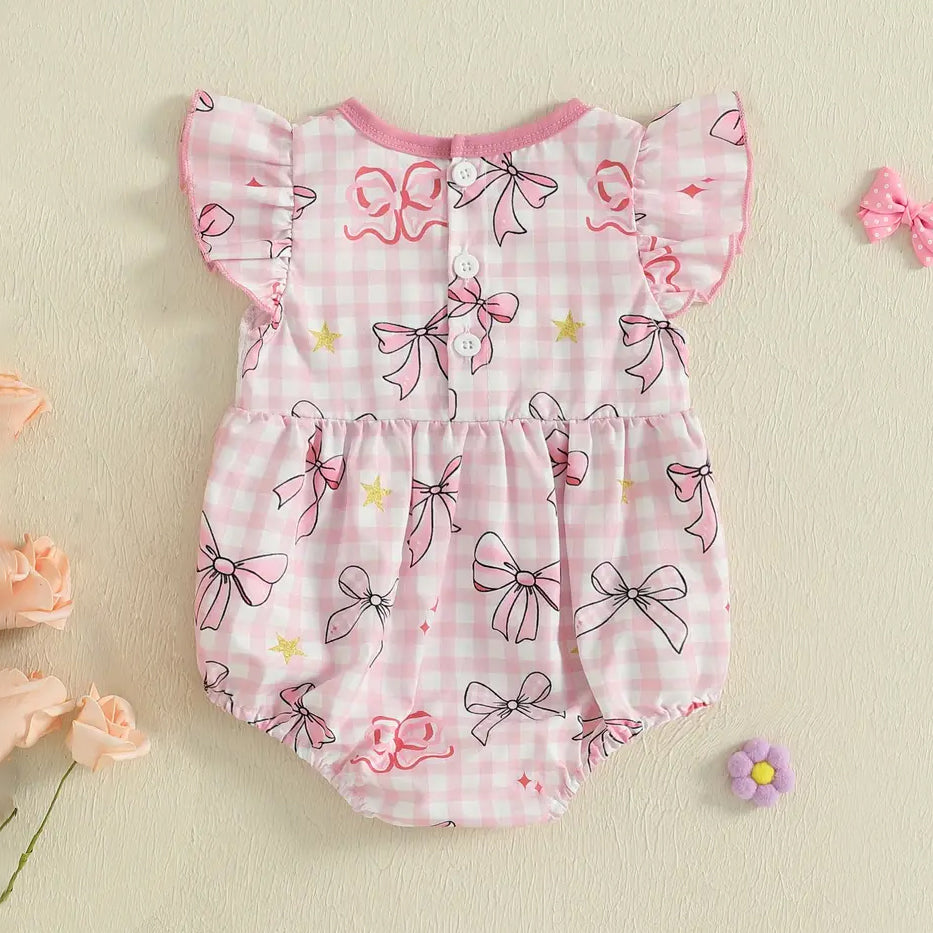 Bow Printed Plaid Letter Embroidery Smocked Baby Romper