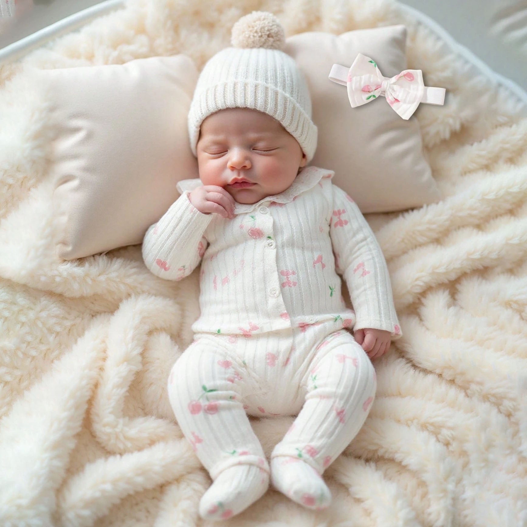 3PCS Cute Cherry Printed Knit Long Sleeve Baby Set