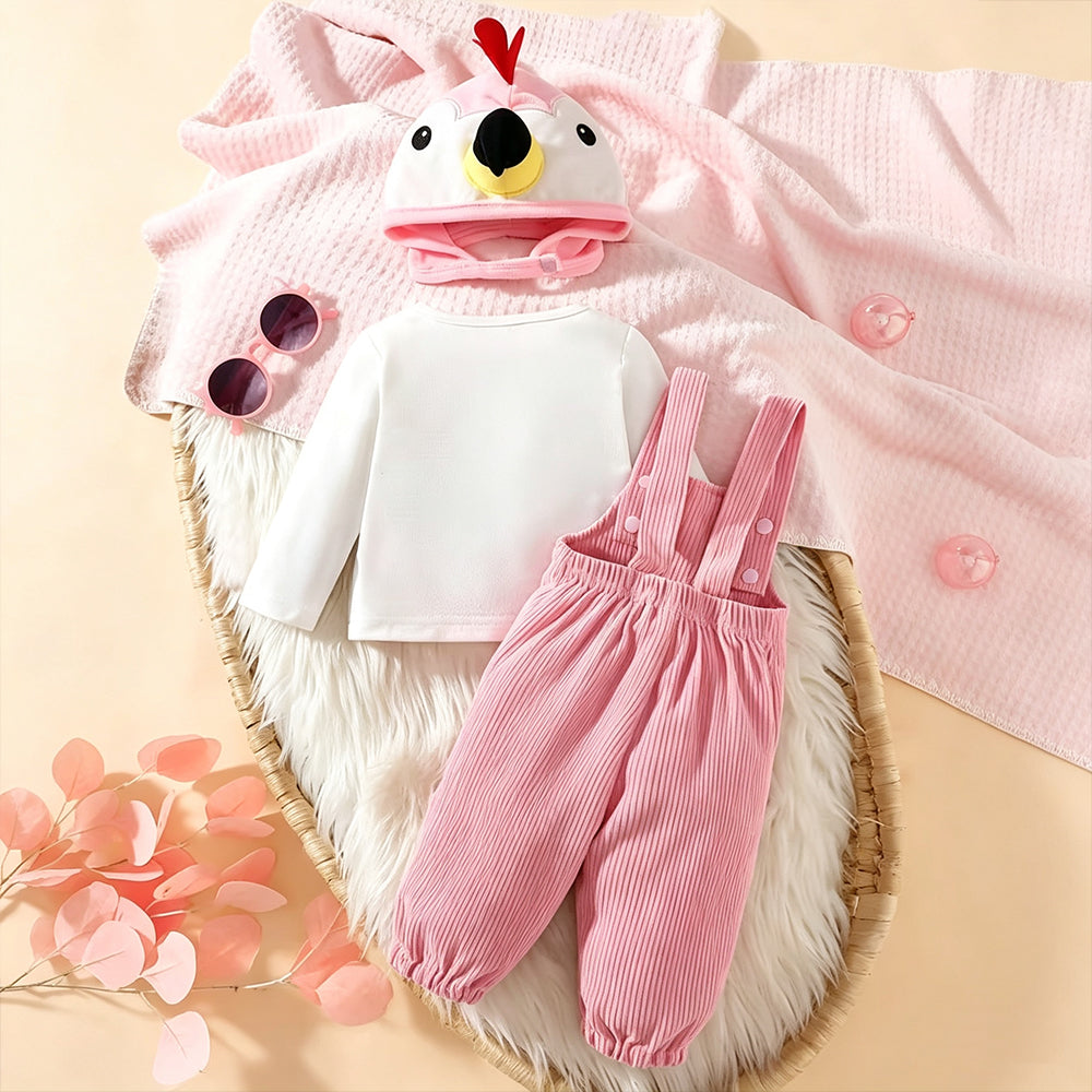 3PCS Cute Flamingo Hat Long Sleeve Baby Girl Corduroy Overalls Set