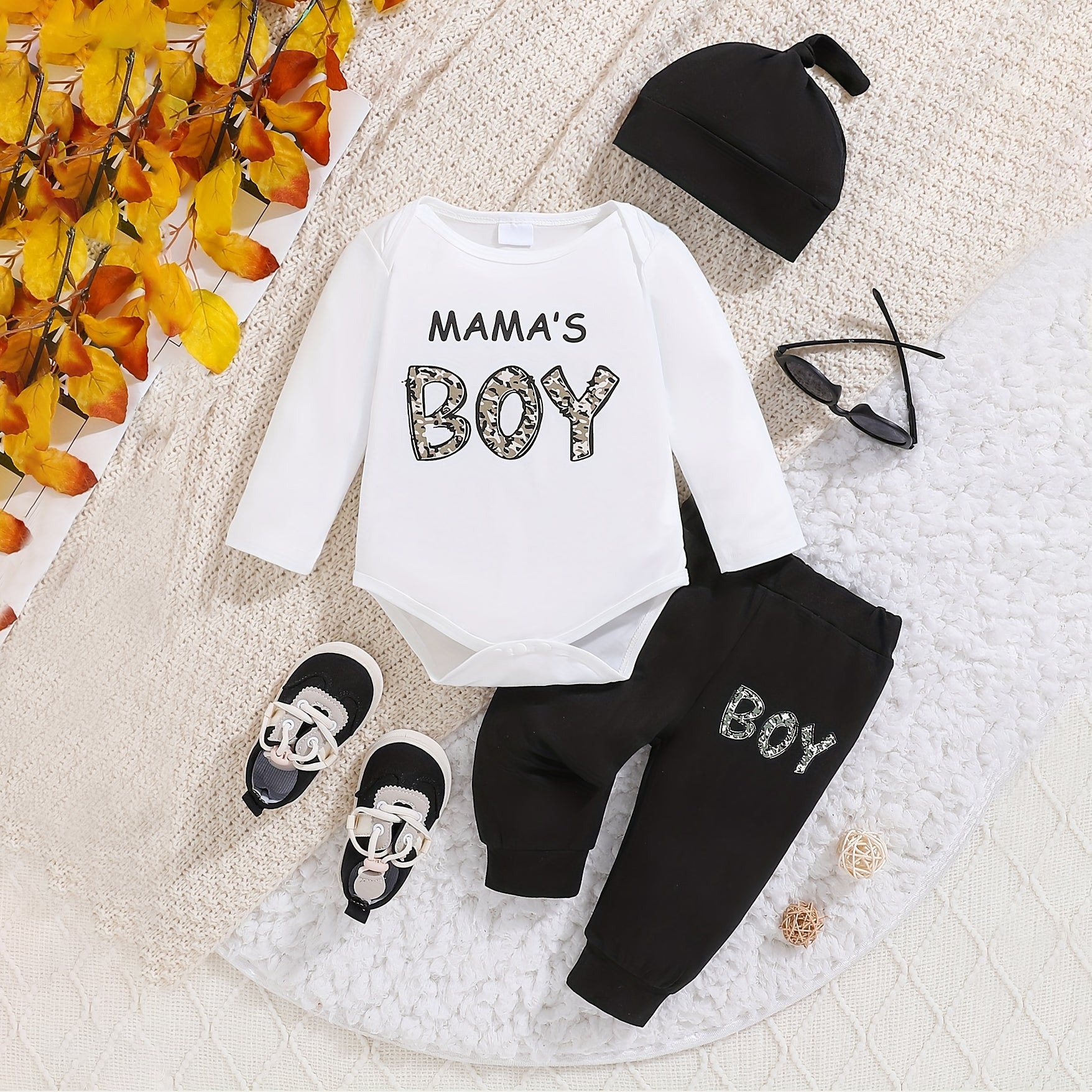 3PCS Mama's Boy Letter Printed Long Sleeve Baby Set