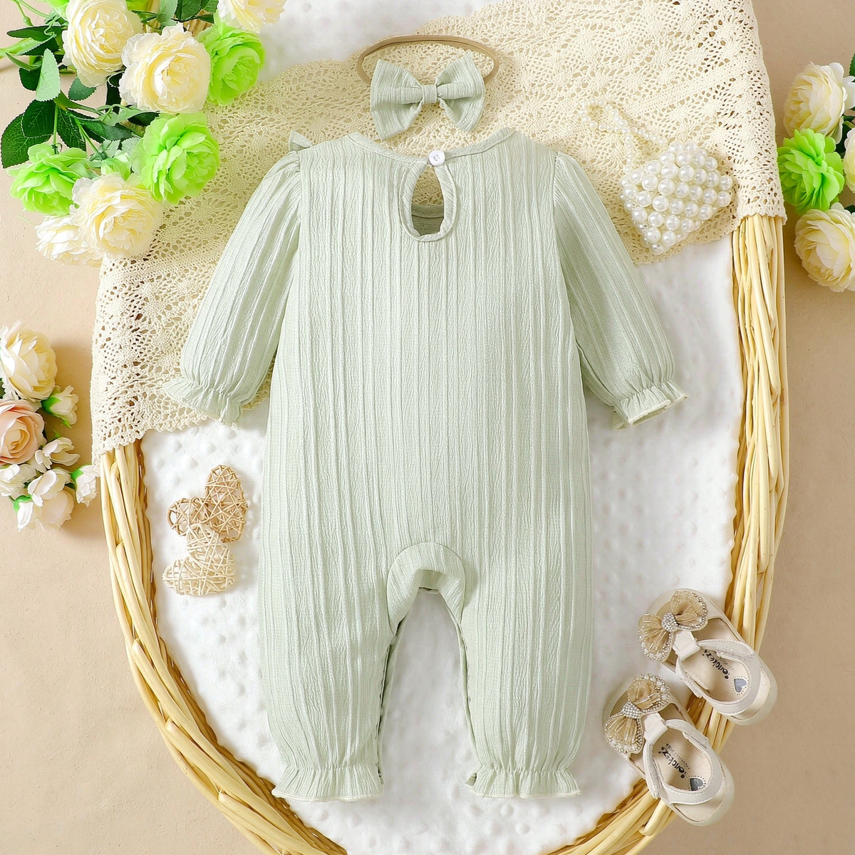 2PCS Fresh Solid Color Ruffle Long Sleeve Baby Girl Jumpsuit