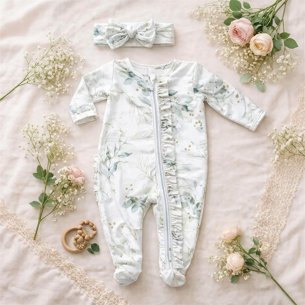 2PCS Refined Floral Printed Ruffle Decor Zipper Baby Jumpsuit