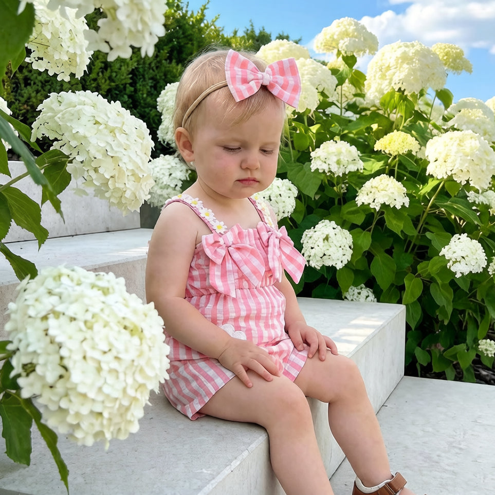 2PCS Pretty Floral Appliqué Plaid Print Sleeveless Baby Jumpsuit