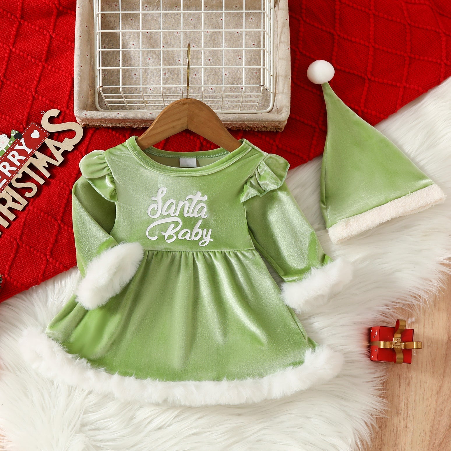 2PCS Christmas Santa Baby Letter Printed Baby Girl Dress