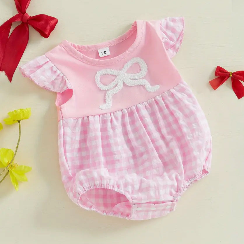 Pretty Bow Embroidery Plaid Printed Sleeveless Baby Romper