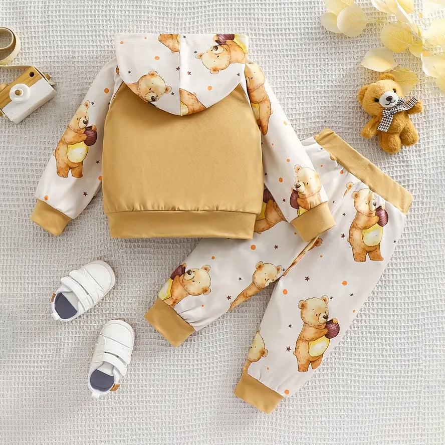 2PCS Cartoon Bear Honey Pattern Raglan Sleeve Hoodie Baby Set