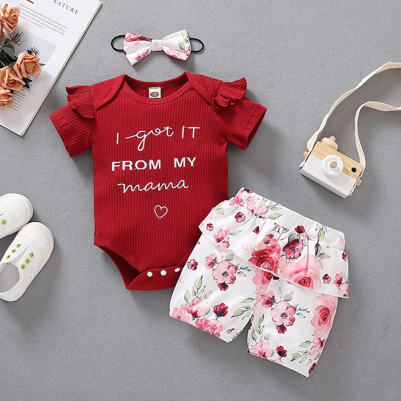 3PCS Vivid I Got It From My Mama Letter Floral Print Baby Set