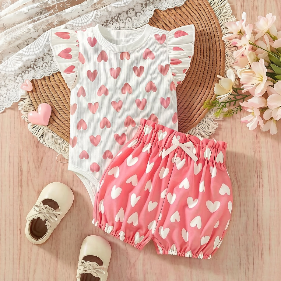 2PCS Lovely Heart Printed Flutter Sleeve Baby Set