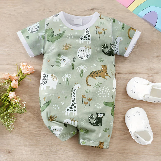 Lovely Animal Printed Short Sleeve Baby Jumpsuit