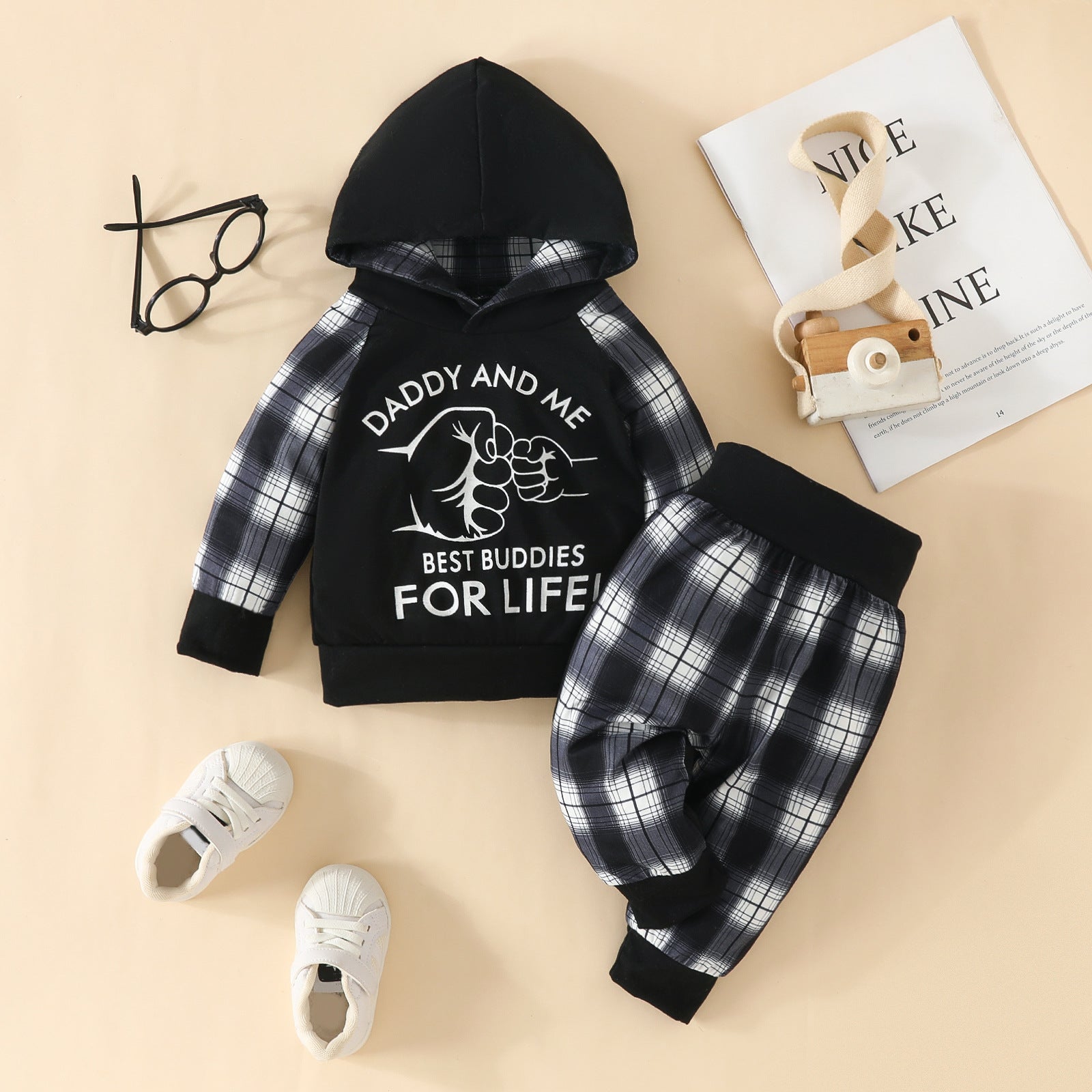 2PCS Plaid Letter Printed Hooded Long Sleeve Baby Set