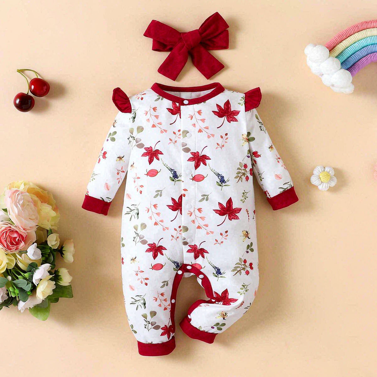 2PCS Allover Leaf Print Long Sleeve Baby Girl Jumpsuit