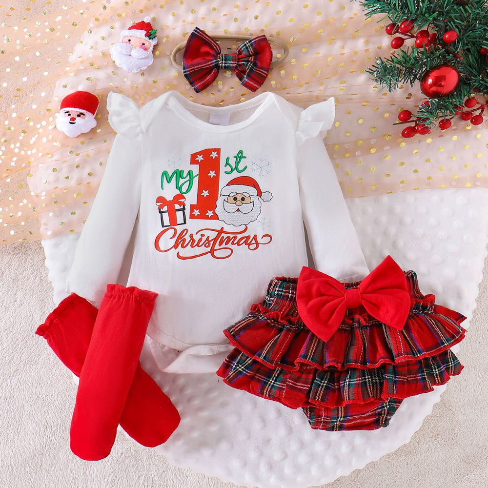4 PCS Chic My 1st Christmas Letter Santa Plaid Print Baby Girl Set