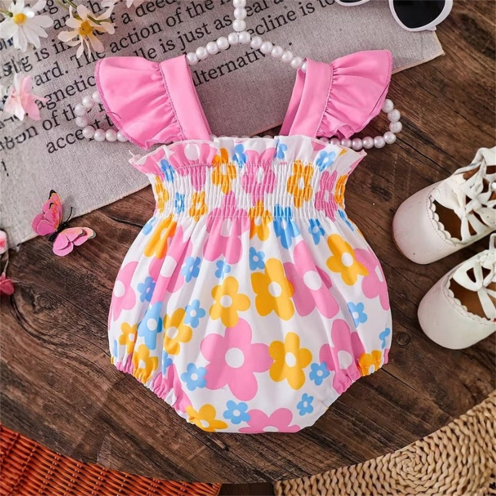 Cute Floral Printed Bow Fly Sleeve Baby Romper